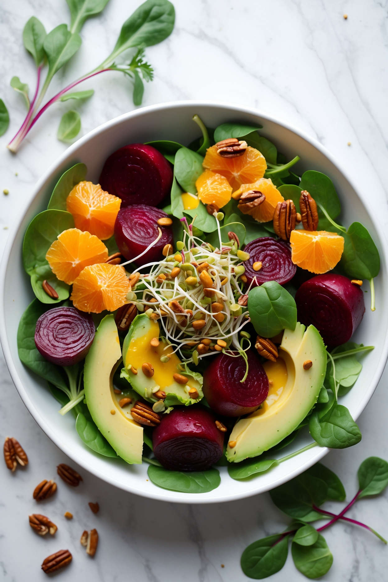 Healthy salad with roasted beetroot balls, orange slices, avocado, spinach, alfalfa sprouts, pumpkin seeds, and crushed pecans, topped with turmeric cashew cream.