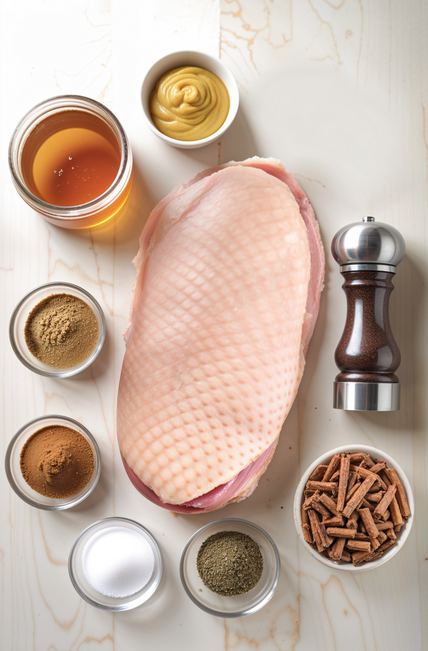 Flat lay of ingredients for smoked duck breast, including duck breasts, honey, mustard, spices, salt, pepper, and wood pellets on a marble surface