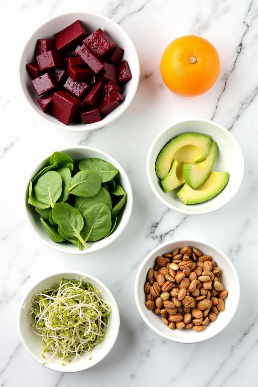 Fresh salad ingredients: roasted beetroot pieces, orange chunks, avocado slices, spinach leaves, alfalfa sprouts, pumpkin seeds, and crushed pecans on a marble surface.