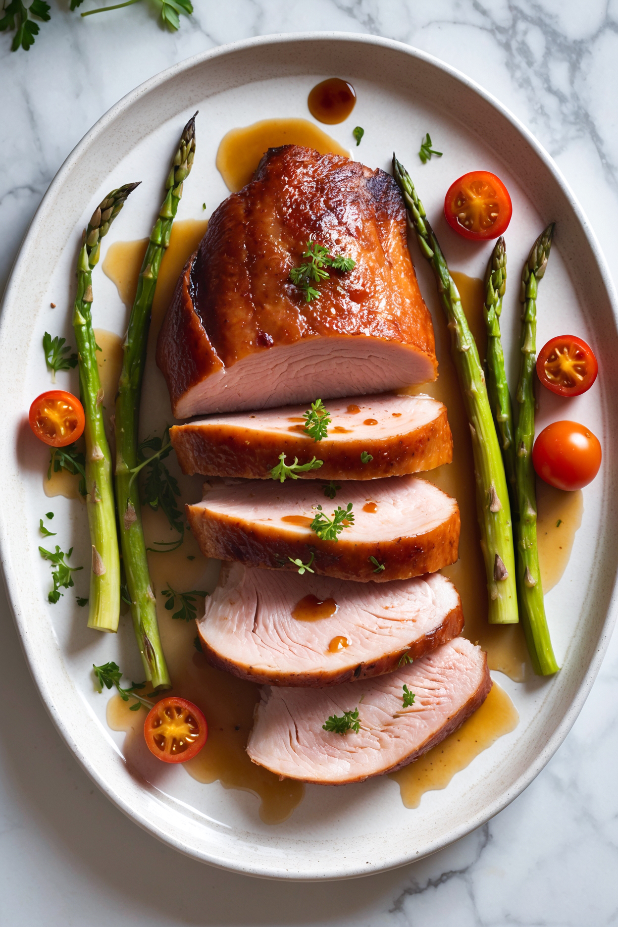 Top view of sliced smoked duck breast with crispy skin, served on a white plate with roasted vegetables and herbs on a marble background.