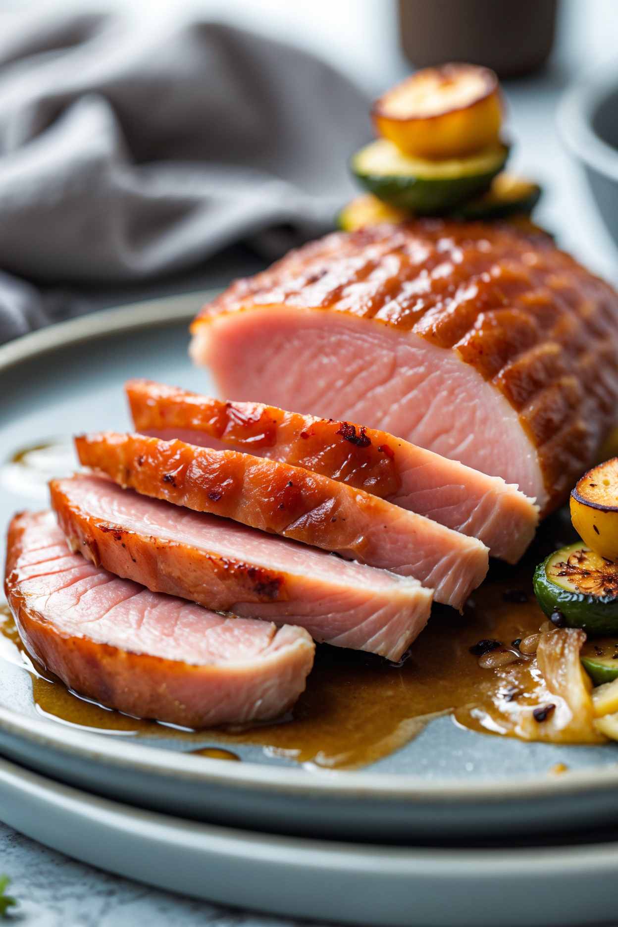 Side view of smoked duck breast slices with crispy skin and juicy meat, served with roasted vegetables and a glaze drizzle in a gourmet setting.