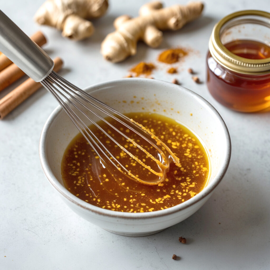 A bowl of golden marinade being whisked, surrounded by spices and honey on a light kitchen counter