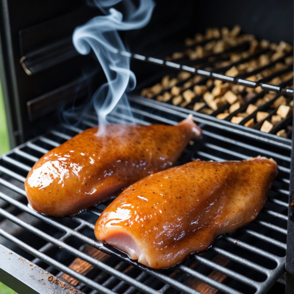 Marinated duck breasts smoking on a grill, with a golden glaze and light smoke rising from applewood pellets.