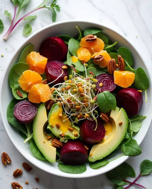 Healthy salad with roasted beetroot balls, orange slices, avocado, spinach, alfalfa sprouts, pumpkin seeds, and crushed pecans, topped with turmeric cashew cream.