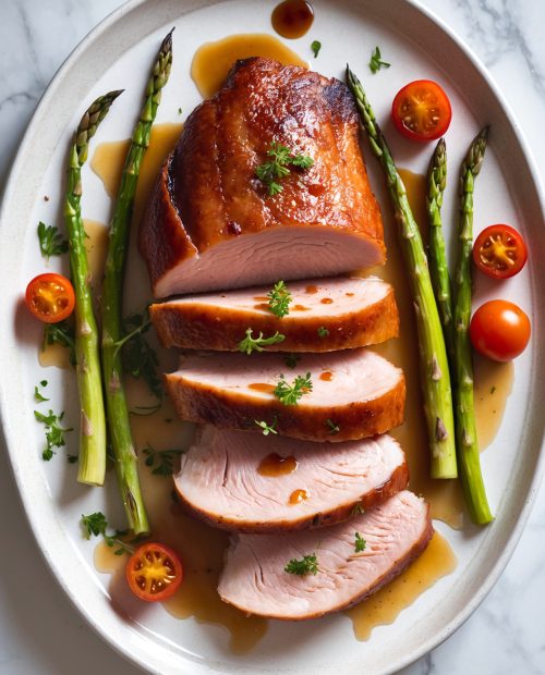 Top view of sliced smoked duck breast with crispy skin, served on a white plate with roasted vegetables and herbs on a marble background.